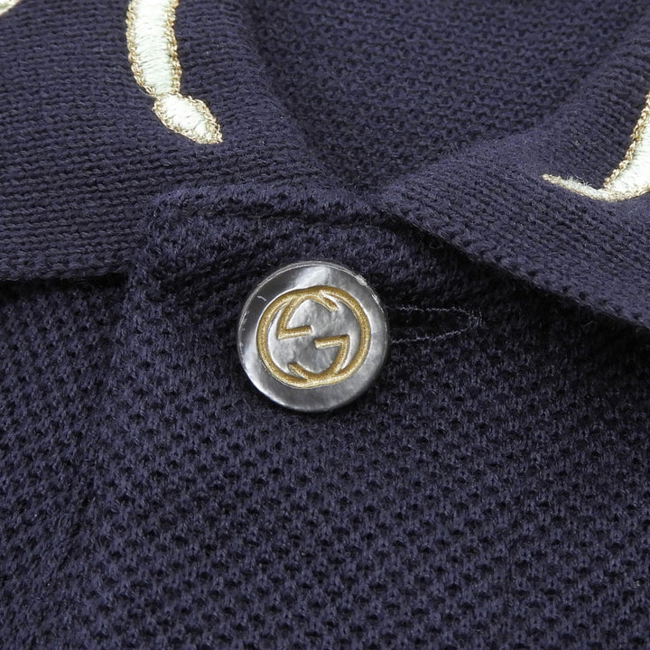 極美品▲GUCCI グッチ 453865 コットン インターロッキングGボタン付き ドラゴン刺繍 半袖ポロシャツ ネイビー M イタリア製 メンズ