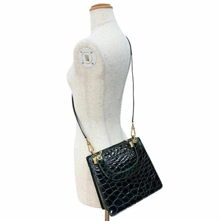 美品△COMTESSE コンテス ヴィンテージ クロコダイル 2WAY ハンドバッグ ショルダーバッグ グリーン ゴールド金具 ドイツ製 レディース
