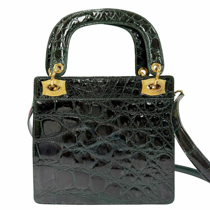 美品△COMTESSE コンテス ヴィンテージ クロコダイル 2WAY ハンドバッグ ショルダーバッグ グリーン ゴールド金具 ドイツ製 レディース