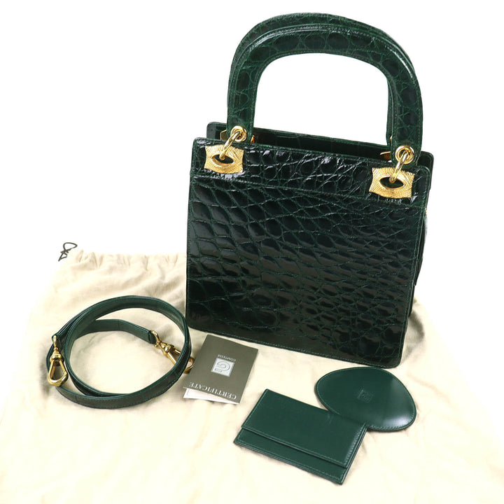 美品△COMTESSE コンテス ヴィンテージ クロコダイル 2WAY ハンドバッグ ショルダーバッグ グリーン ゴールド金具 ドイツ製 レディース