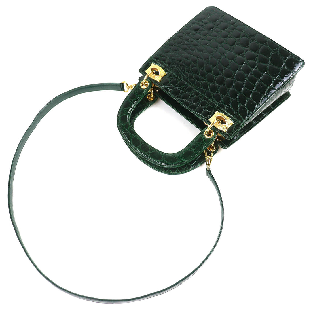 美品△COMTESSE コンテス ヴィンテージ クロコダイル 2WAY ハンドバッグ ショルダーバッグ グリーン ゴールド金具 ドイツ製 レディース