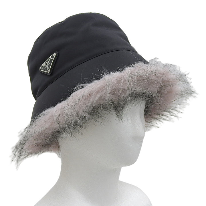 未使用品▲PRADA プラダ 1HC137 三角ロゴプレート ファー付 Re-Nylon バケットハット ブラック S イタリア製 正規品 レディース 保存袋付