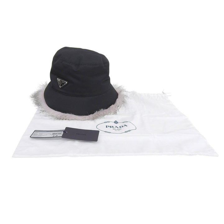 未使用品▲PRADA プラダ 1HC137 三角ロゴプレート ファー付 Re-Nylon バケットハット ブラック S イタリア製 正規品 レディース 保存袋付
