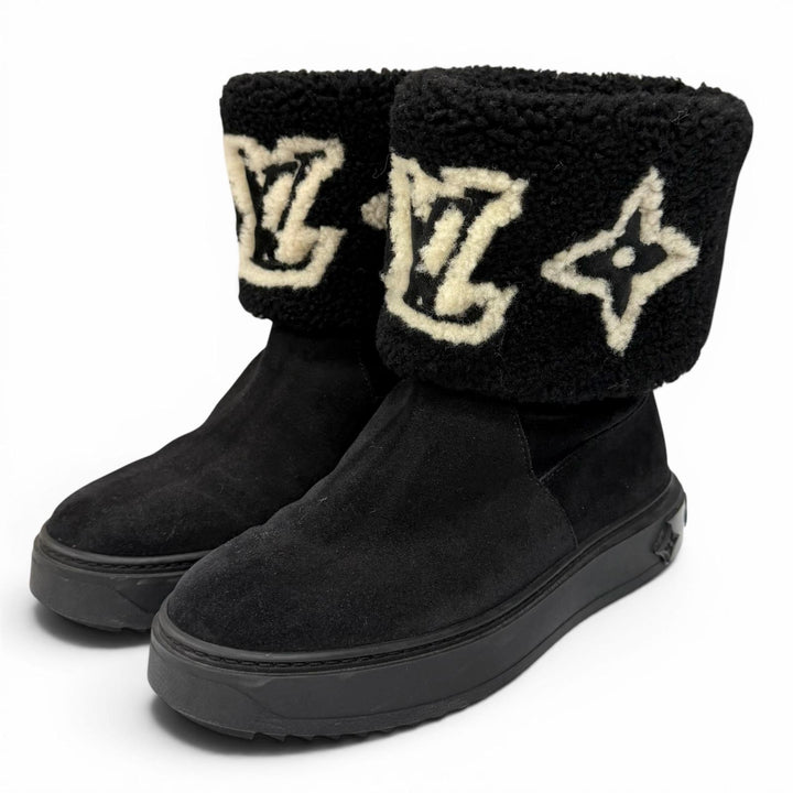 美品★LOUIS VUITTON ルイヴィトン 2022年製 スノードロップライン LVロゴ ムートン ブーツ ブラック 35 イタリア製 レディース