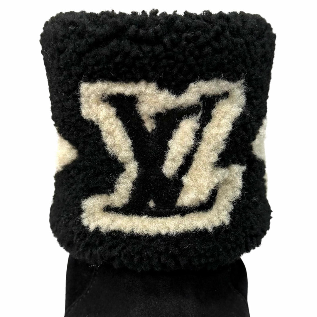美品★LOUIS VUITTON ルイヴィトン 2022年製 スノードロップライン LVロゴ ムートン ブーツ ブラック 35 イタリア製 レディース