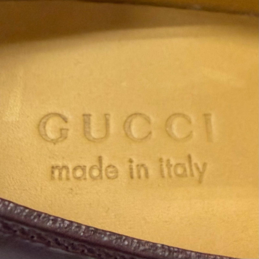 未使用品□GUCCI グッチ レザー GGロゴ金具 プレーントゥ レースアップ ドレスシューズ バーガンディ 8 イタリア製 メンズ 箱・保存袋付