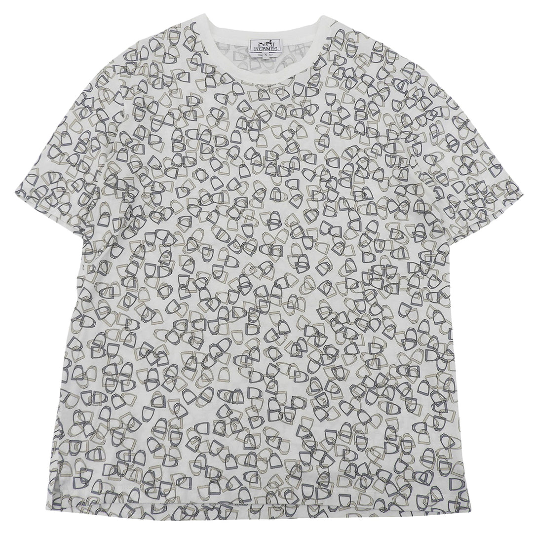 極美品▲HERMES エルメス コットン100％ エトリエ 鐙柄 クルーネック 半袖Ｔシャツ ホワイト ベージュ ブルー系 XL イタリア製 メンズ