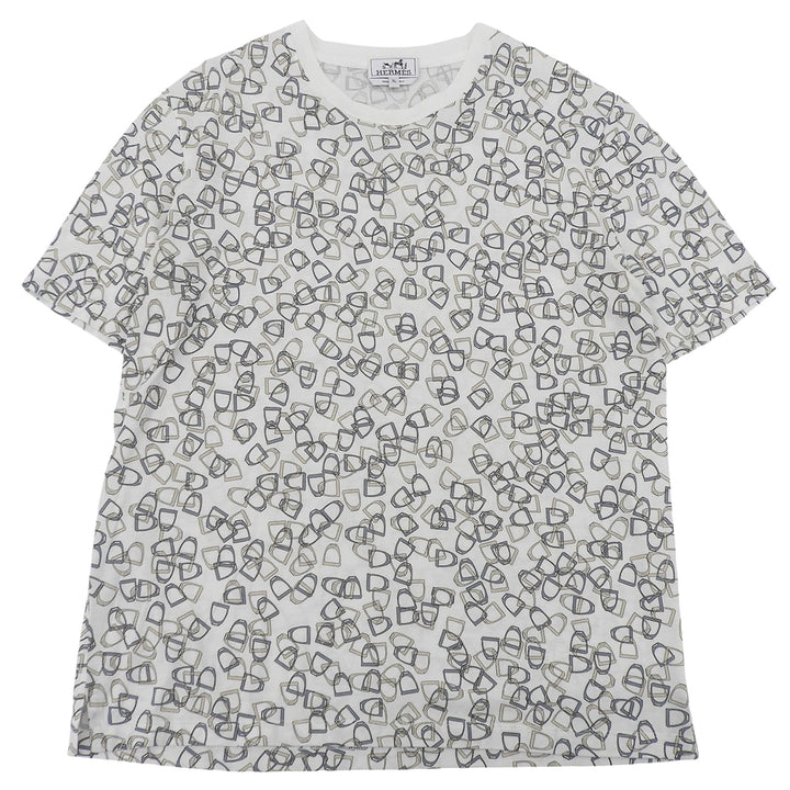極美品▲HERMES エルメス コットン100％ エトリエ 鐙柄 クルーネック 半袖Ｔシャツ ホワイト ベージュ ブルー系 XL イタリア製 メンズ