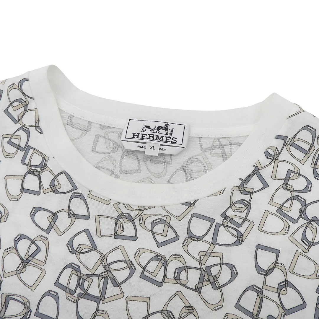極美品▲HERMES エルメス コットン100％ エトリエ 鐙柄 クルーネック 半袖Ｔシャツ ホワイト ベージュ ブルー系 XL イタリア製 メンズ