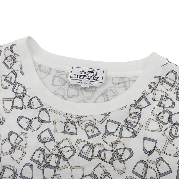 極美品▲HERMES エルメス コットン100％ エトリエ 鐙柄 クルーネック 半袖Ｔシャツ ホワイト ベージュ ブルー系 XL イタリア製 メンズ