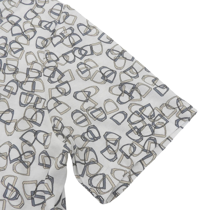 極美品▲HERMES エルメス コットン100％ エトリエ 鐙柄 クルーネック 半袖Ｔシャツ ホワイト ベージュ ブルー系 XL イタリア製 メンズ