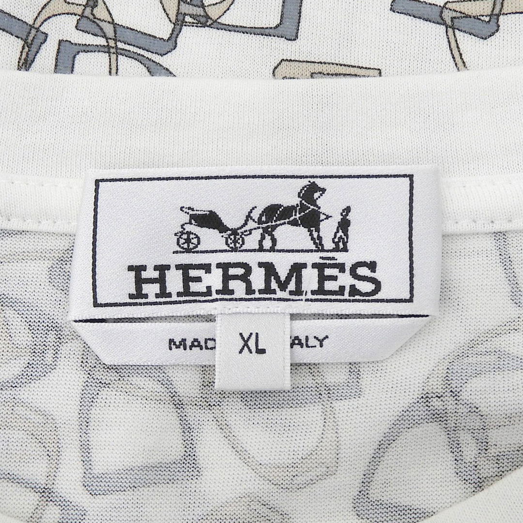 極美品▲HERMES エルメス コットン100％ エトリエ 鐙柄 クルーネック 半袖Ｔシャツ ホワイト ベージュ ブルー系 XL イタリア製 メンズ