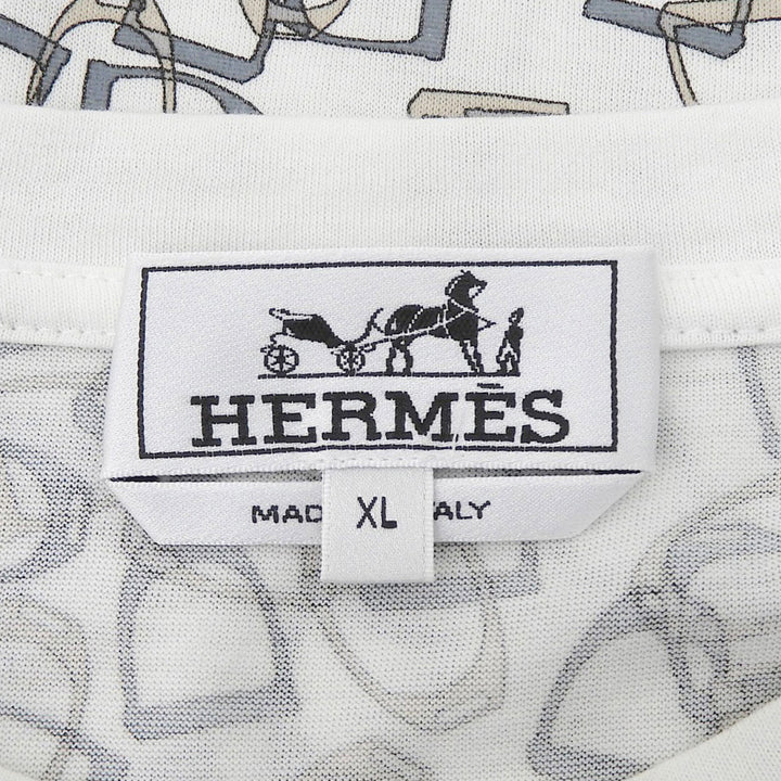 極美品▲HERMES エルメス コットン100％ エトリエ 鐙柄 クルーネック 半袖Ｔシャツ ホワイト ベージュ ブルー系 XL イタリア製 メンズ
