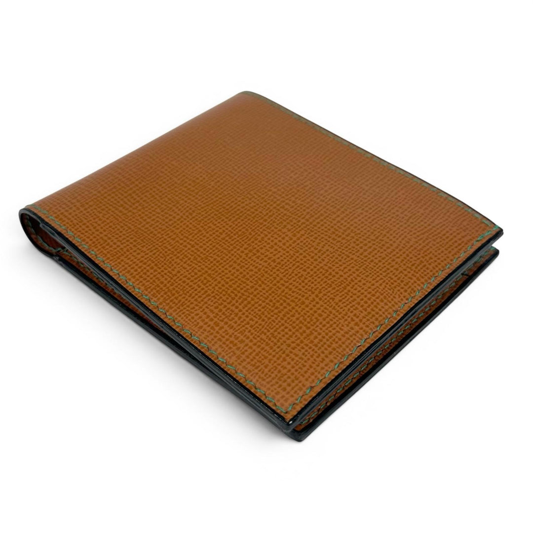 極美品▲Valextra ヴァレクストラ 牛革 グリーンステッチ 小銭入れ付き コンパクトウォレット 二つ折り財布 ブラウン 箱付き メンズ