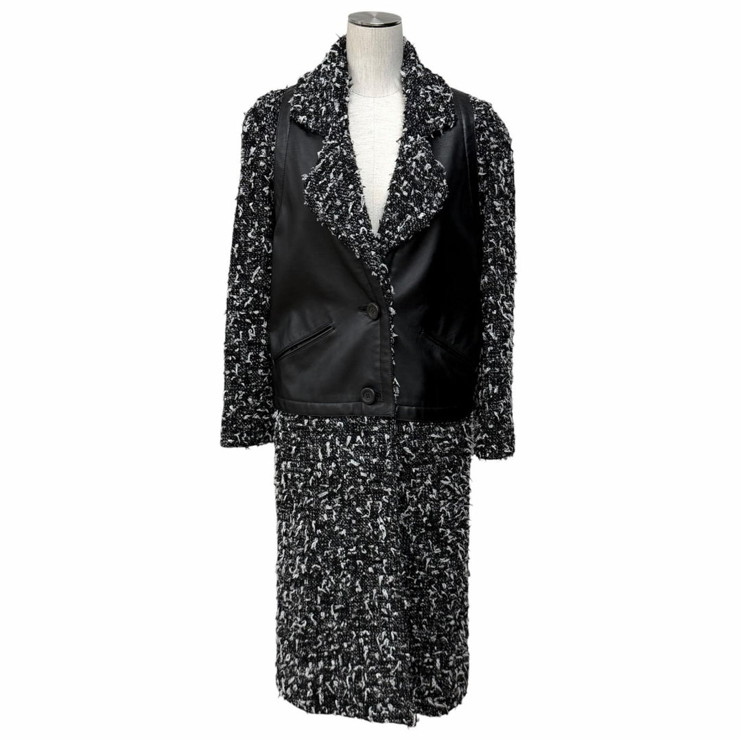 極美品★CHANEL シャネル P62088 アルパカ混 ウッドロゴボタン カーフスキン切替 リボンツイード コート ブラック ホワイト 34 伊製 正規品
