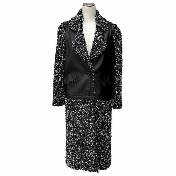 極美品★CHANEL シャネル P62088 アルパカ混 ウッドロゴボタン カーフスキン切替 リボンツイード コート ブラック ホワイト 34 伊製 正規品