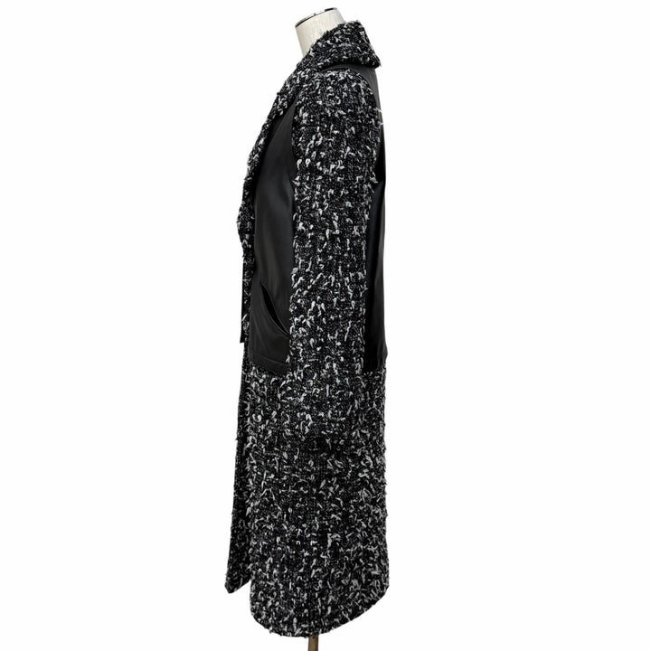 極美品★CHANEL シャネル P62088 アルパカ混 ウッドロゴボタン カーフスキン切替 リボンツイード コート ブラック ホワイト 34 伊製 正規品