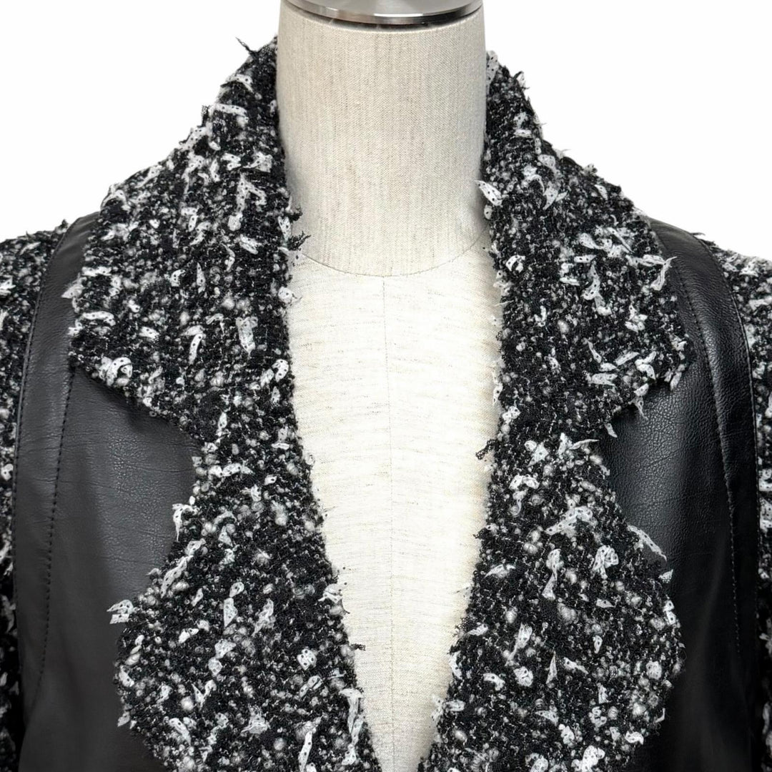 極美品★CHANEL シャネル P62088 アルパカ混 ウッドロゴボタン カーフスキン切替 リボンツイード コート ブラック ホワイト 34 伊製 正規品