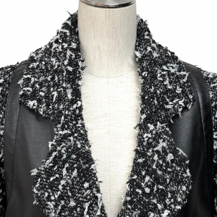 極美品★CHANEL シャネル P62088 アルパカ混 ウッドロゴボタン カーフスキン切替 リボンツイード コート ブラック ホワイト 34 伊製 正規品