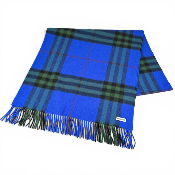 極美品▲BURBERRY バーバリー 8079703 現行品 カシミヤ100％ チェック柄 フリンジ付き マフラー ナイトブルー 正規品 メンズ 定価103400円