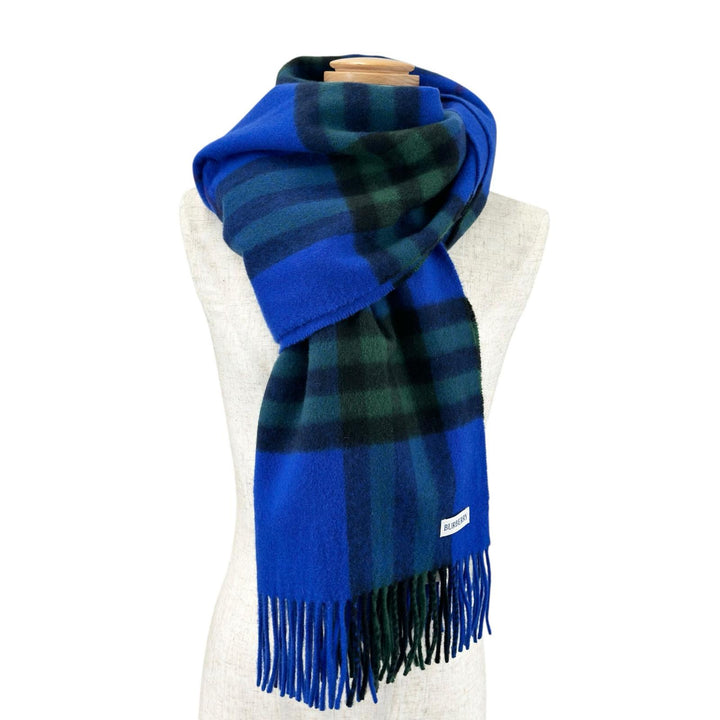 極美品▲BURBERRY バーバリー 8079703 現行品 カシミヤ100％ チェック柄 フリンジ付き マフラー ナイトブルー 正規品 メンズ 定価103400円