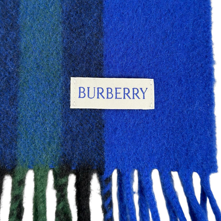 極美品▲BURBERRY バーバリー 8079703 現行品 カシミヤ100％ チェック柄 フリンジ付き マフラー ナイトブルー 正規品 メンズ 定価103400円