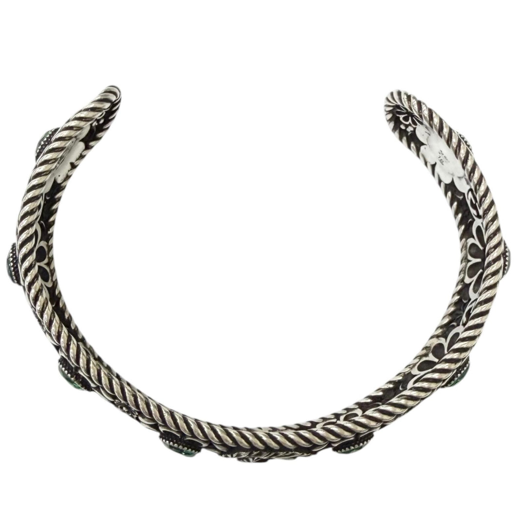 極美品□GUCCI グッチ AG925 ラインストーン クリスタルフローラル インターロッキングG バングル シルバー グリーン 16 伊製 重量26.2g