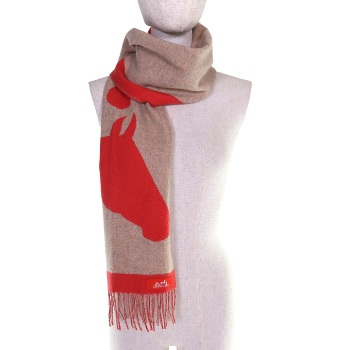 極美品△HERMES エルメス ラブストーリー カシミヤ エカルラート/ベージュ シネ フリンジ マフラー レッド系 ベージュ 英国製 レディース