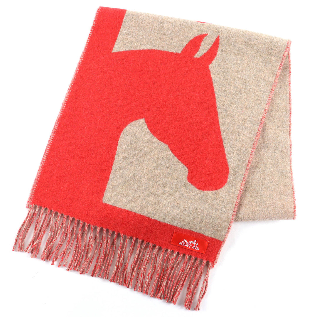 極美品△HERMES エルメス ラブストーリー カシミヤ エカルラート/ベージュ シネ フリンジ マフラー レッド系 ベージュ 英国製 レディース