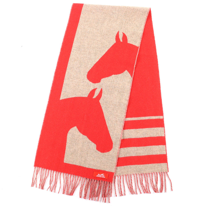 極美品△HERMES エルメス ラブストーリー カシミヤ エカルラート/ベージュ シネ フリンジ マフラー レッド系 ベージュ 英国製 レディース