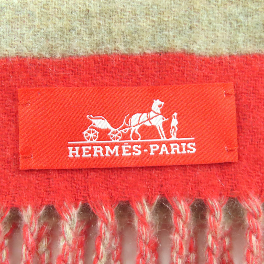 極美品△HERMES エルメス ラブストーリー カシミヤ エカルラート/ベージュ シネ フリンジ マフラー レッド系 ベージュ 英国製 レディース