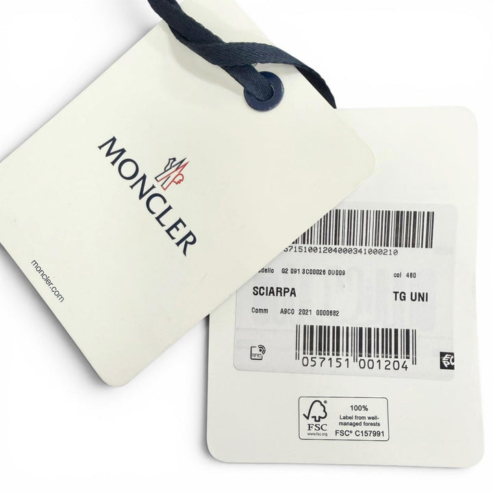 未使用品△MONCLER モンクレール SCIARPA モヘア アルパカ ロゴレザーワッペン チェック柄 フリンジ 大判 マフラー ベージュ系 正規品