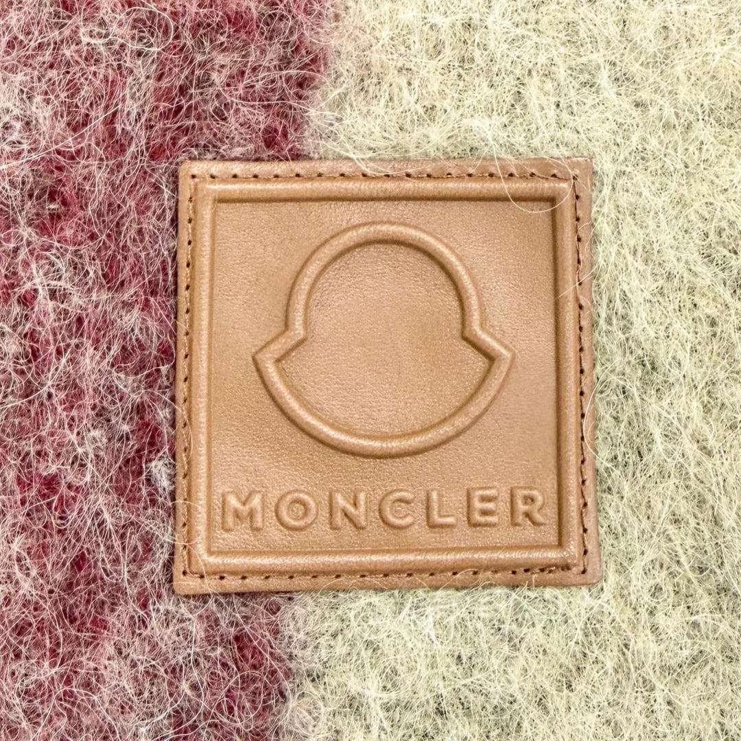 未使用品△MONCLER モンクレール SCIARPA モヘア アルパカ ロゴレザーワッペン チェック柄 フリンジ 大判 マフラー ベージュ系 正規品