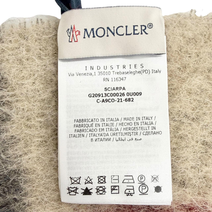 未使用品△MONCLER モンクレール SCIARPA モヘア アルパカ ロゴレザーワッペン チェック柄 フリンジ 大判 マフラー ベージュ系 正規品