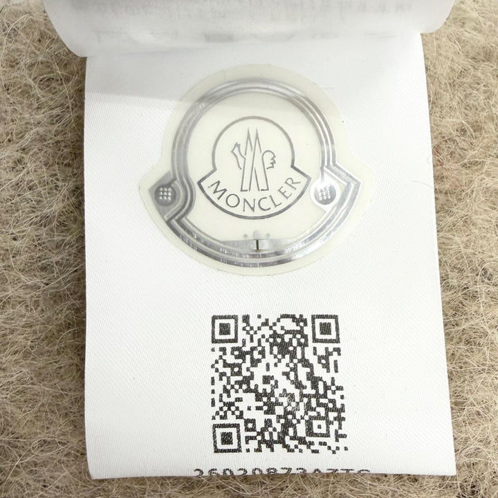 未使用品△MONCLER モンクレール SCIARPA モヘア アルパカ ロゴレザーワッペン チェック柄 フリンジ 大判 マフラー ベージュ系 正規品