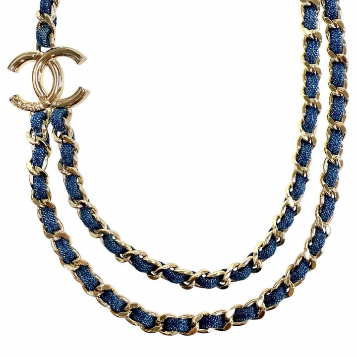 極美品◇CHANEL シャネル B25P ABF163 ココマーク 二連チェーン ネックレス アクセサリー ブルー ゴールド金具 イタリア製 レディース