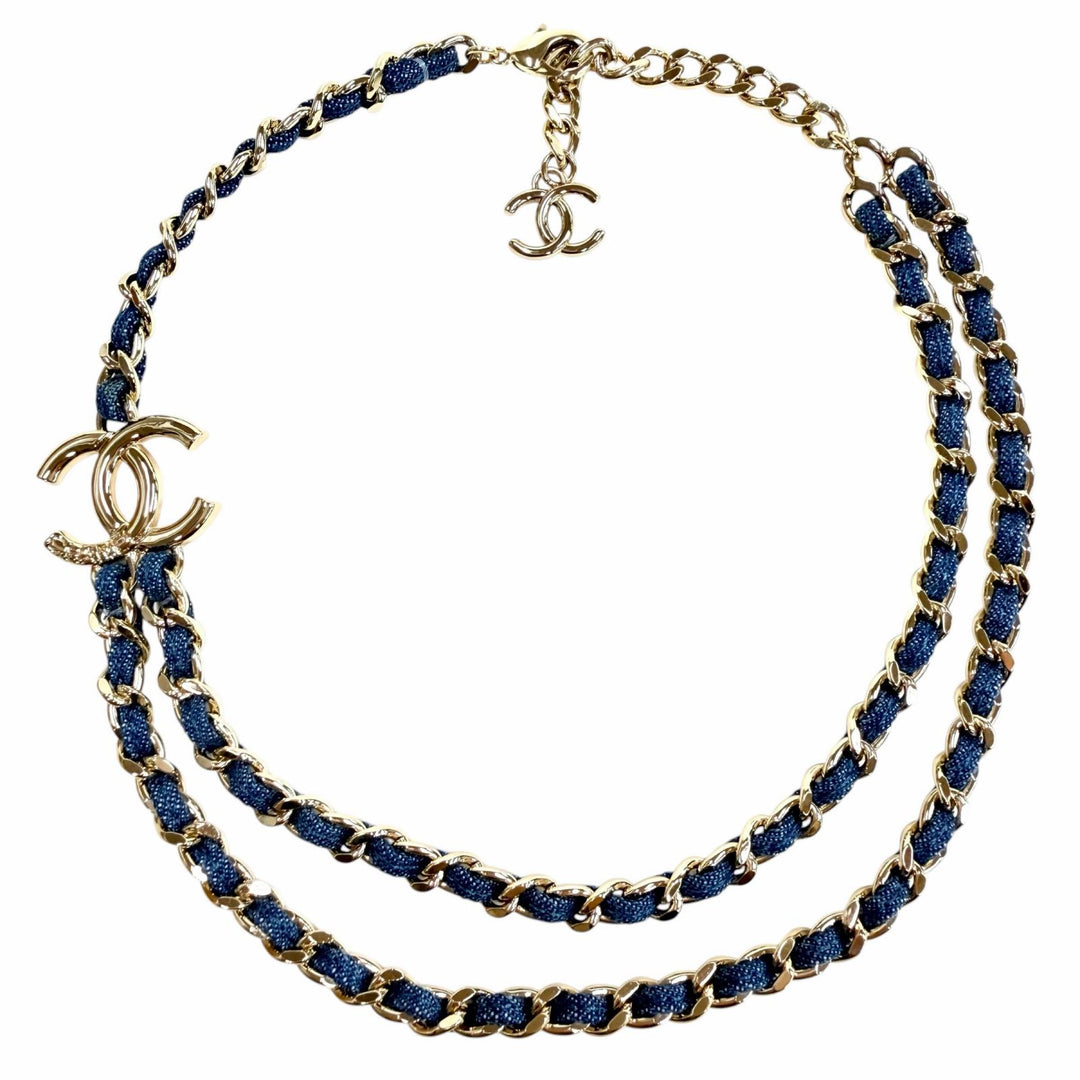 極美品◇CHANEL シャネル B25P ABF163 ココマーク 二連チェーン ネックレス アクセサリー ブルー ゴールド金具 イタリア製 レディース