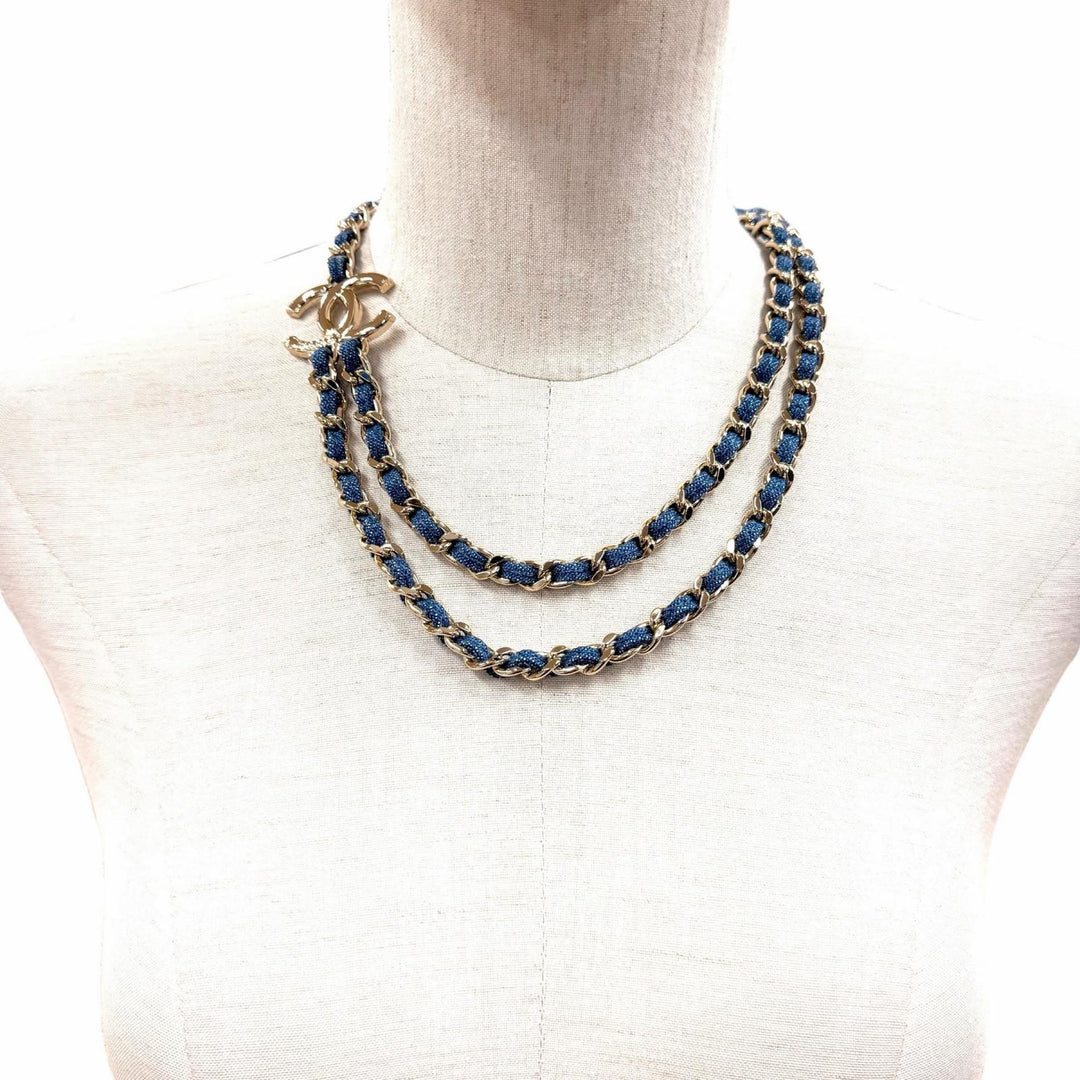 極美品◇CHANEL シャネル B25P ABF163 ココマーク 二連チェーン ネックレス アクセサリー ブルー ゴールド金具 イタリア製 レディース