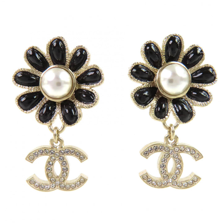 極美品△CHANEL シャネル A22K GP ココマーク フラワー ラインストーン フェイクパール スウィング ピアス 両耳用 ゴールド ブラック