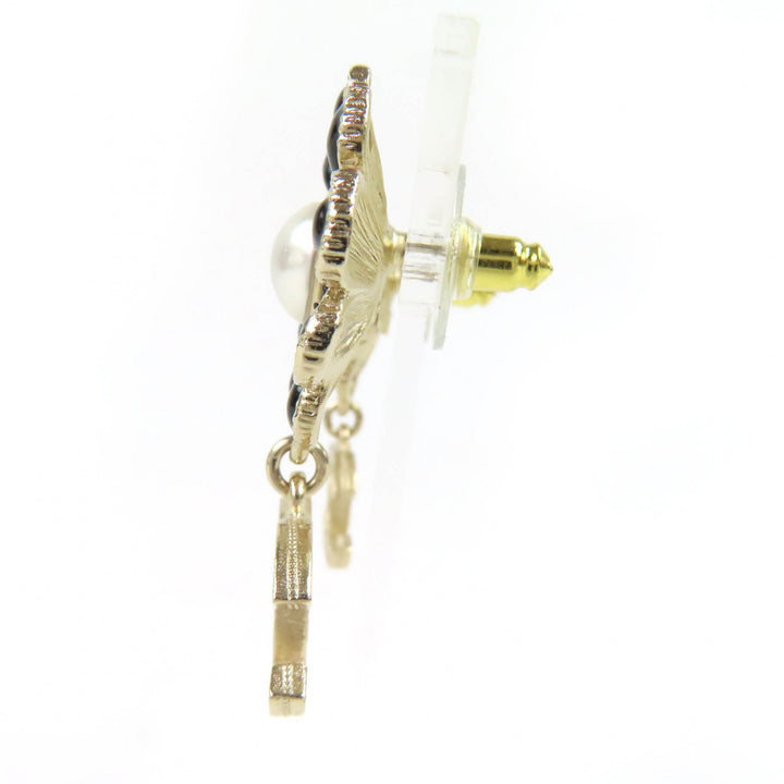 極美品△CHANEL シャネル A22K GP ココマーク フラワー ラインストーン フェイクパール スウィング ピアス 両耳用 ゴールド ブラック