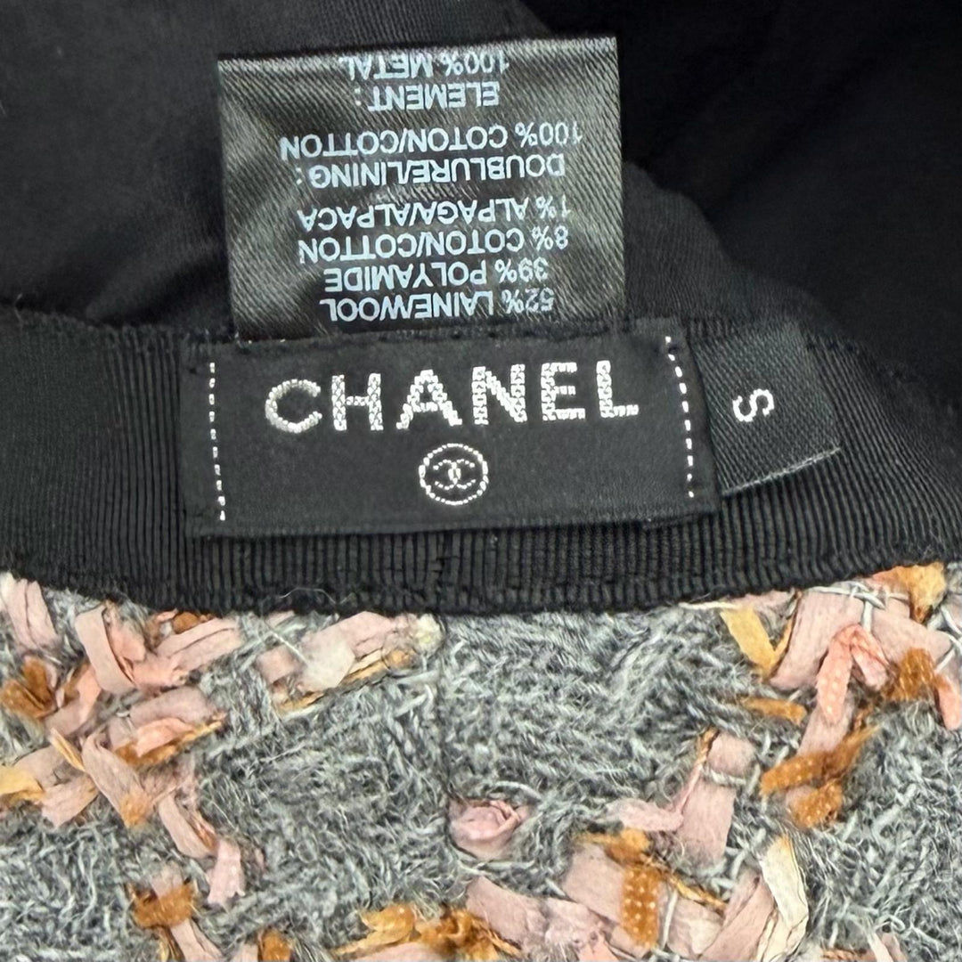 美品★CHANEL シャネル 22K ウール アルパカ混 ココマーク金具付 チェック柄 リボンツイード バケットハット グレー ピンク S イタリア製