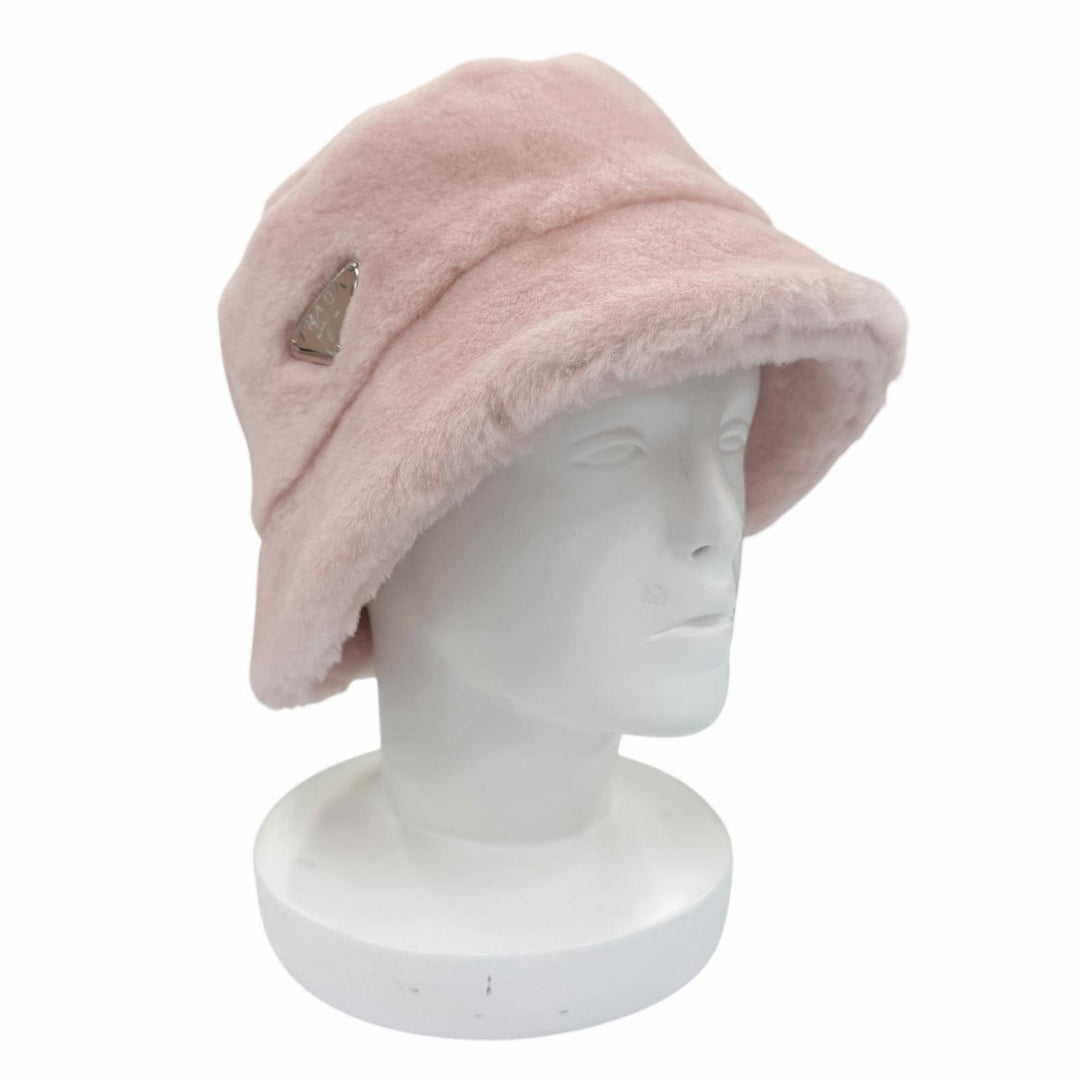 美品☆PRADA プラダ 1HC137 シープスキンファー トライアングルロゴプレート バケットハット ピンク M イタリア製 正規品 レディース