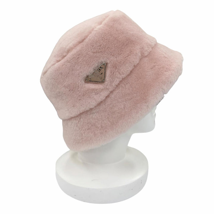 美品☆PRADA プラダ 1HC137 シープスキンファー トライアングルロゴプレート バケットハット ピンク M イタリア製 正規品 レディース