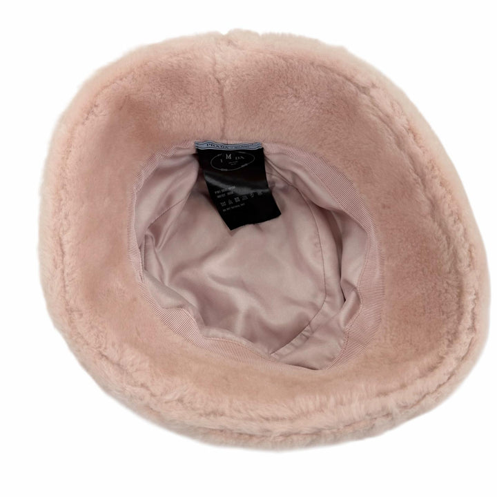 美品☆PRADA プラダ 1HC137 シープスキンファー トライアングルロゴプレート バケットハット ピンク M イタリア製 正規品 レディース