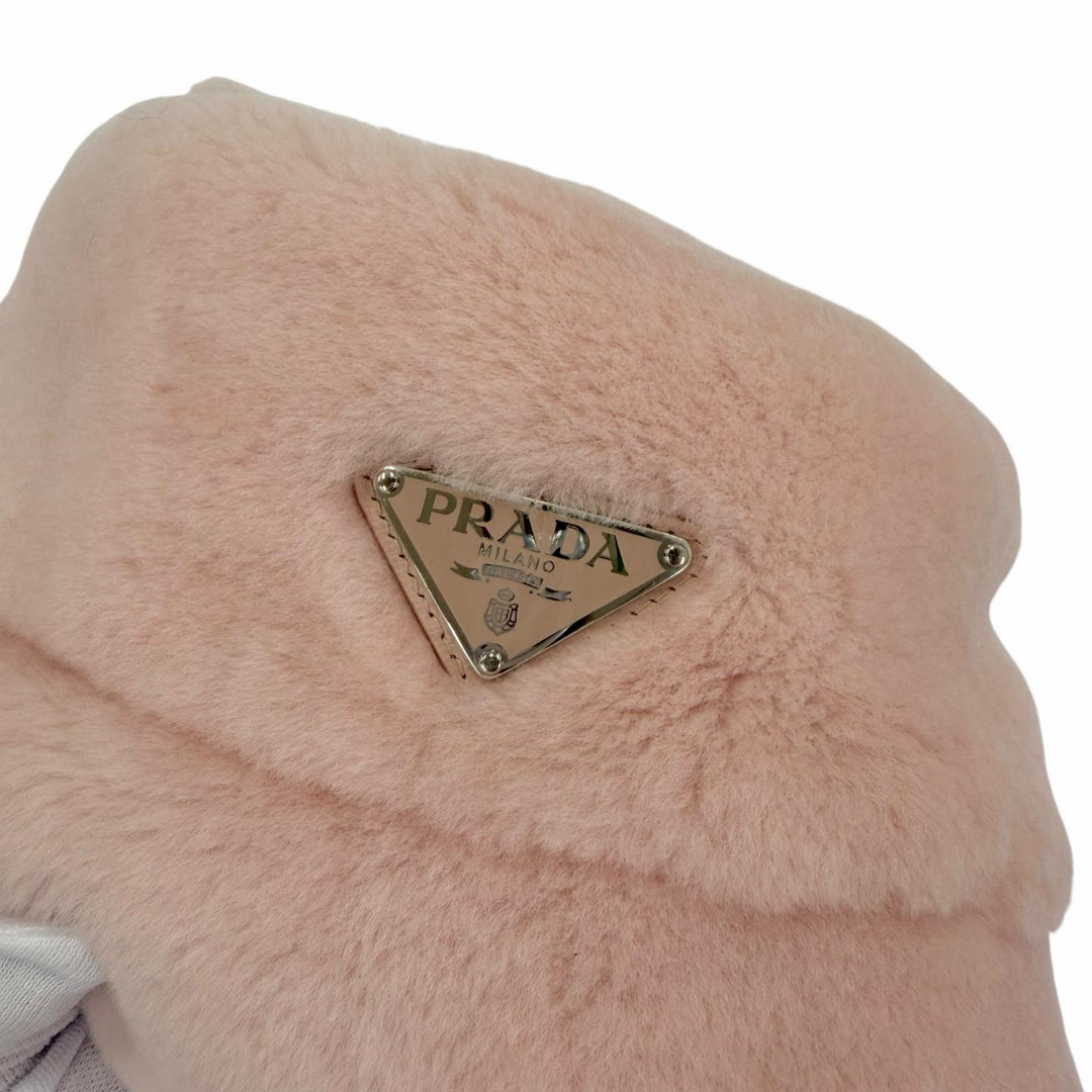 美品☆PRADA プラダ 1HC137 シープスキンファー トライアングルロゴプレート バケットハット ピンク M イタリア製 正規品 レディース