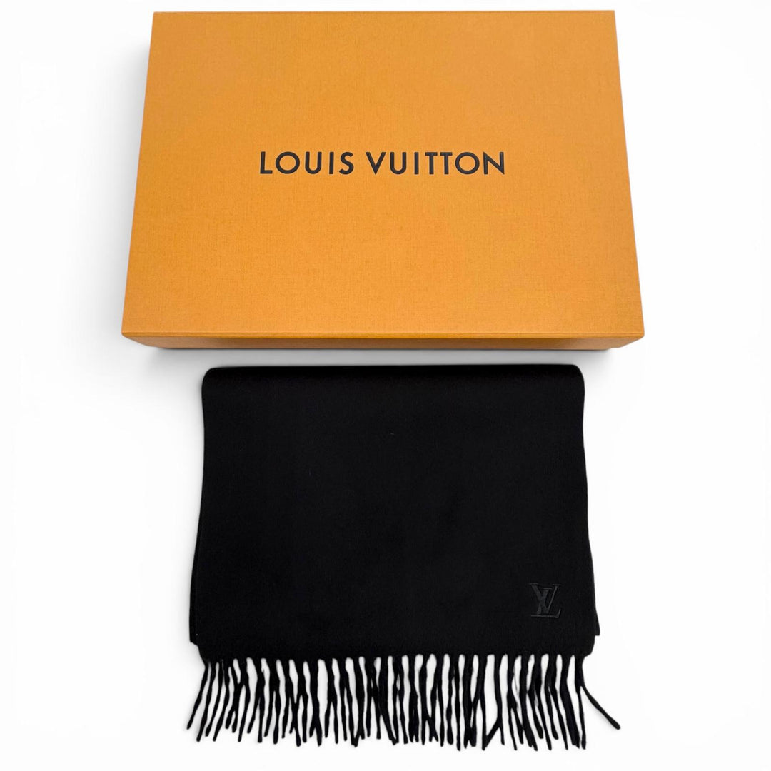 美品▼LOUIS VUITTON ルイヴィトン M75362 カシミヤ エシャルプ ジェラム LVロゴ刺繍 フリンジ付き マフラー ブラック 正規品 箱付き
