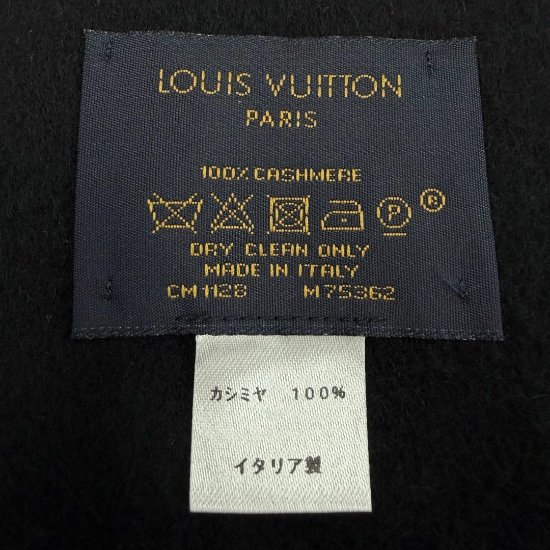 美品▼LOUIS VUITTON ルイヴィトン M75362 カシミヤ エシャルプ ジェラム LVロゴ刺繍 フリンジ付き マフラー ブラック 正規品 箱付き
