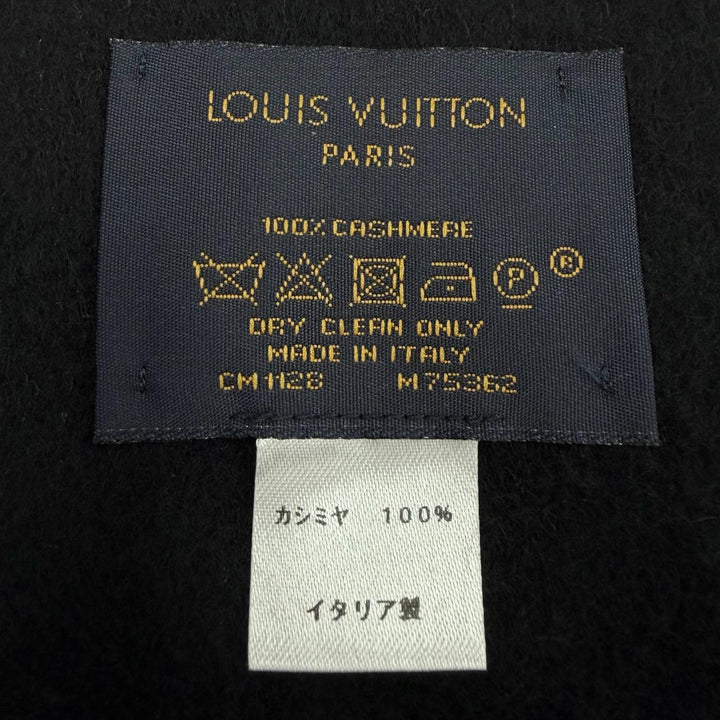 美品▼LOUIS VUITTON ルイヴィトン M75362 カシミヤ エシャルプ ジェラム LVロゴ刺繍 フリンジ付き マフラー ブラック 正規品 箱付き