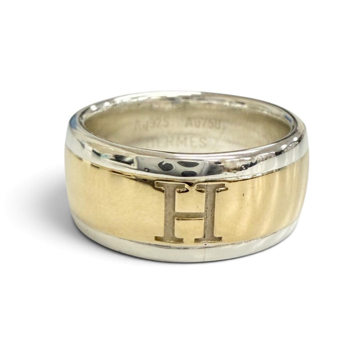 美品△HERMES エルメス AU750 AG925 Hロゴ リング 指輪 アクセサリー ゴールド シルバー 48 （JP8号） 重量8.1g レディース
