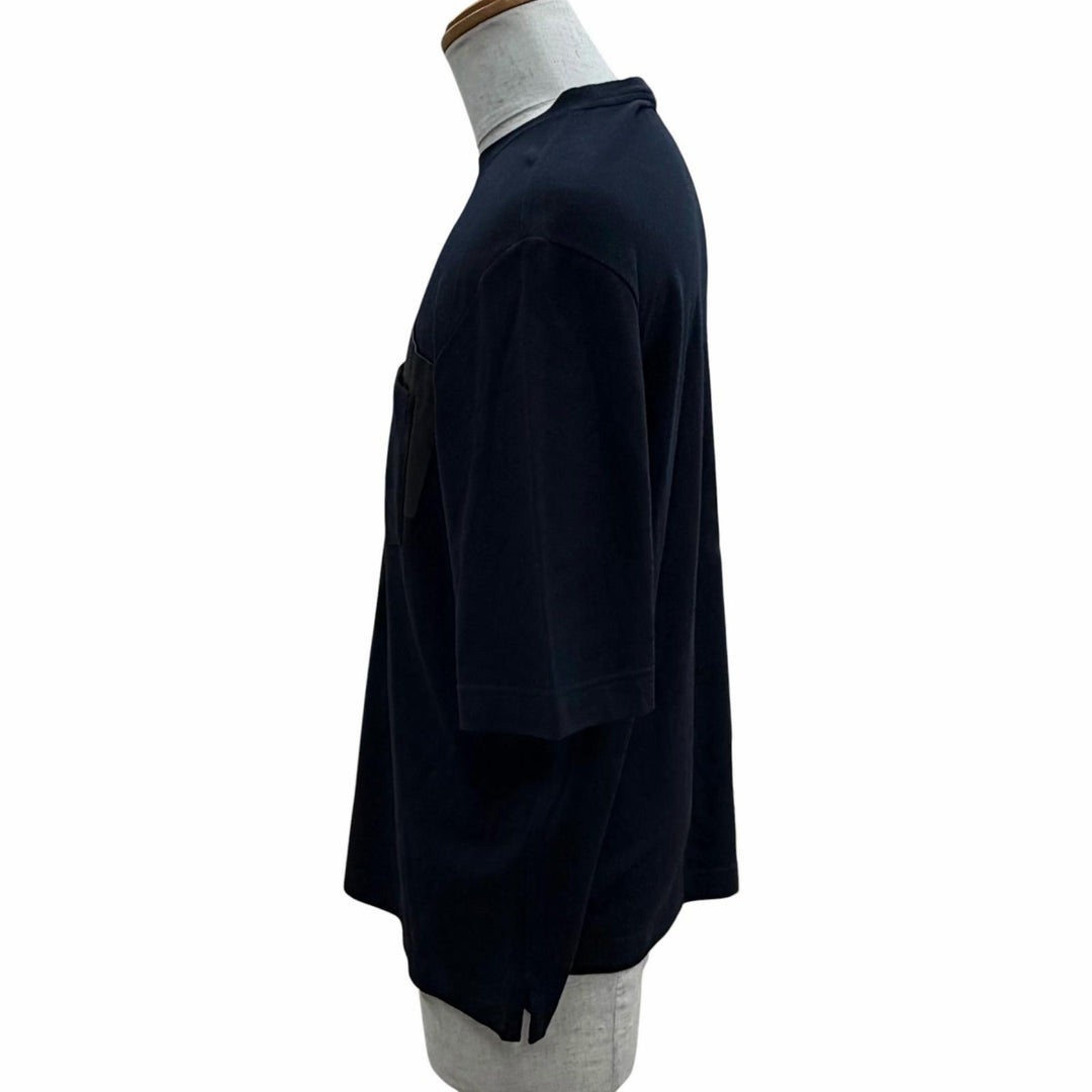 極美品▼HERMES エルメス 467970HA カシミヤ混 レザーポケット クルーネック ショートスリーブ 半袖Ｔシャツ ネイビー M 正規品 メンズ
